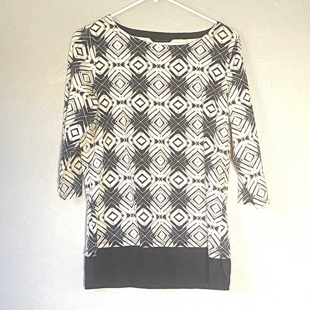Tommy Hilfiger Top Medium Navy Blue Cream Diamond Pattern Mixed Media Boat Neck